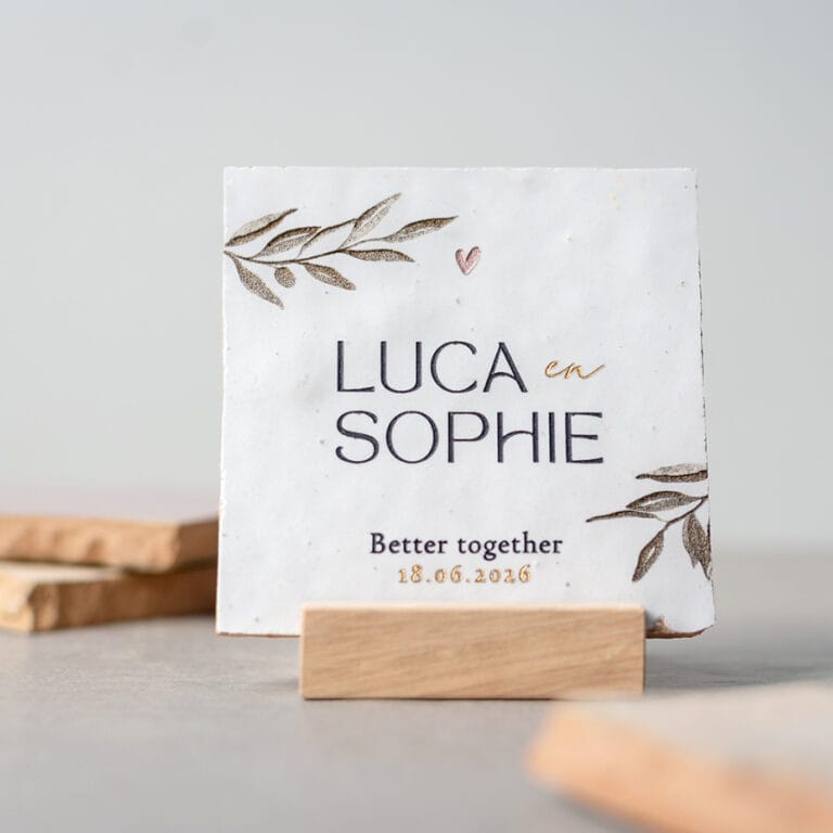 Gegraveerde trouwtegel met olijftakjes en namen Sophie en Luca